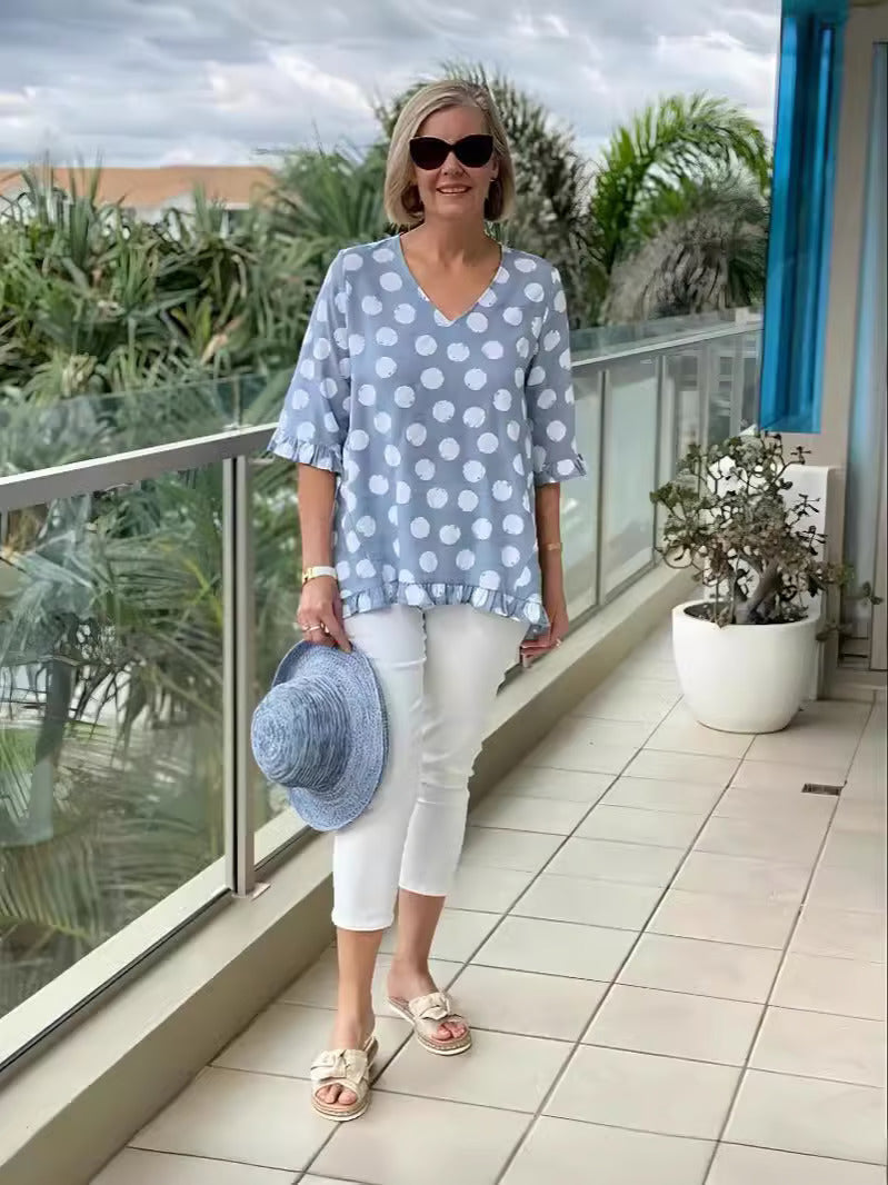 Chloe – Haut à Pois Bleu Doux