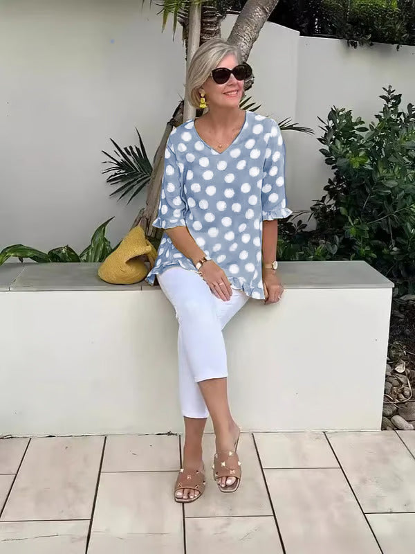 Chloe – Haut à Pois Bleu Doux
