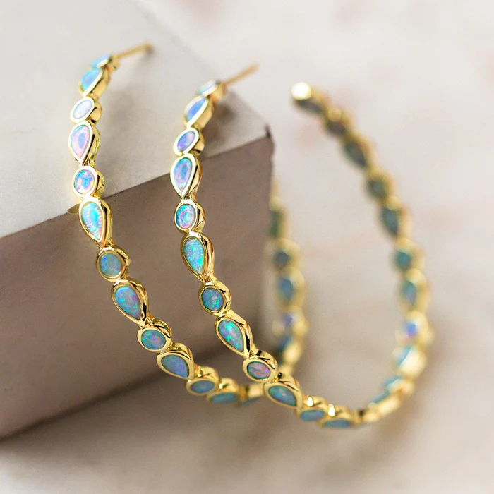 Golden Circle Earrings with Vintage Blue Opal